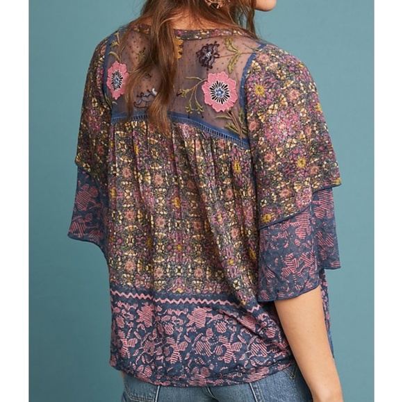 🆕️ Anthropologie Embroidered Floral Tiered Sleeve Boho Blouse Size Small - Picture 8 of 12